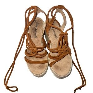Free People Sandal Platform Wedge Espadrilles Tan Suede Strappy Wrap Up 38